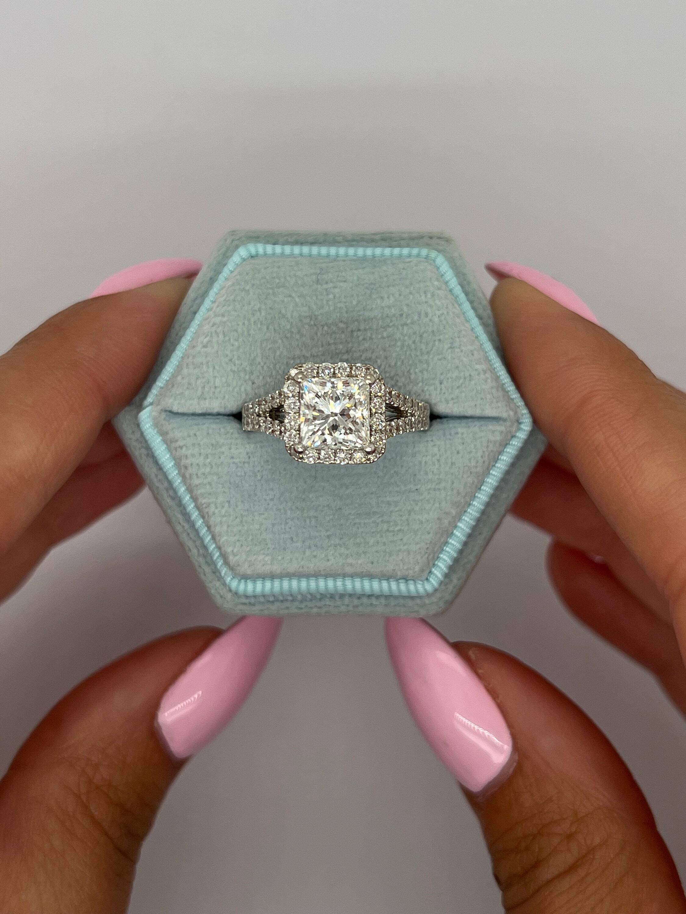 2.5 Carat Princess Cut Diamond Halo Split Shank Engagement Ring, Round Side Diamonds