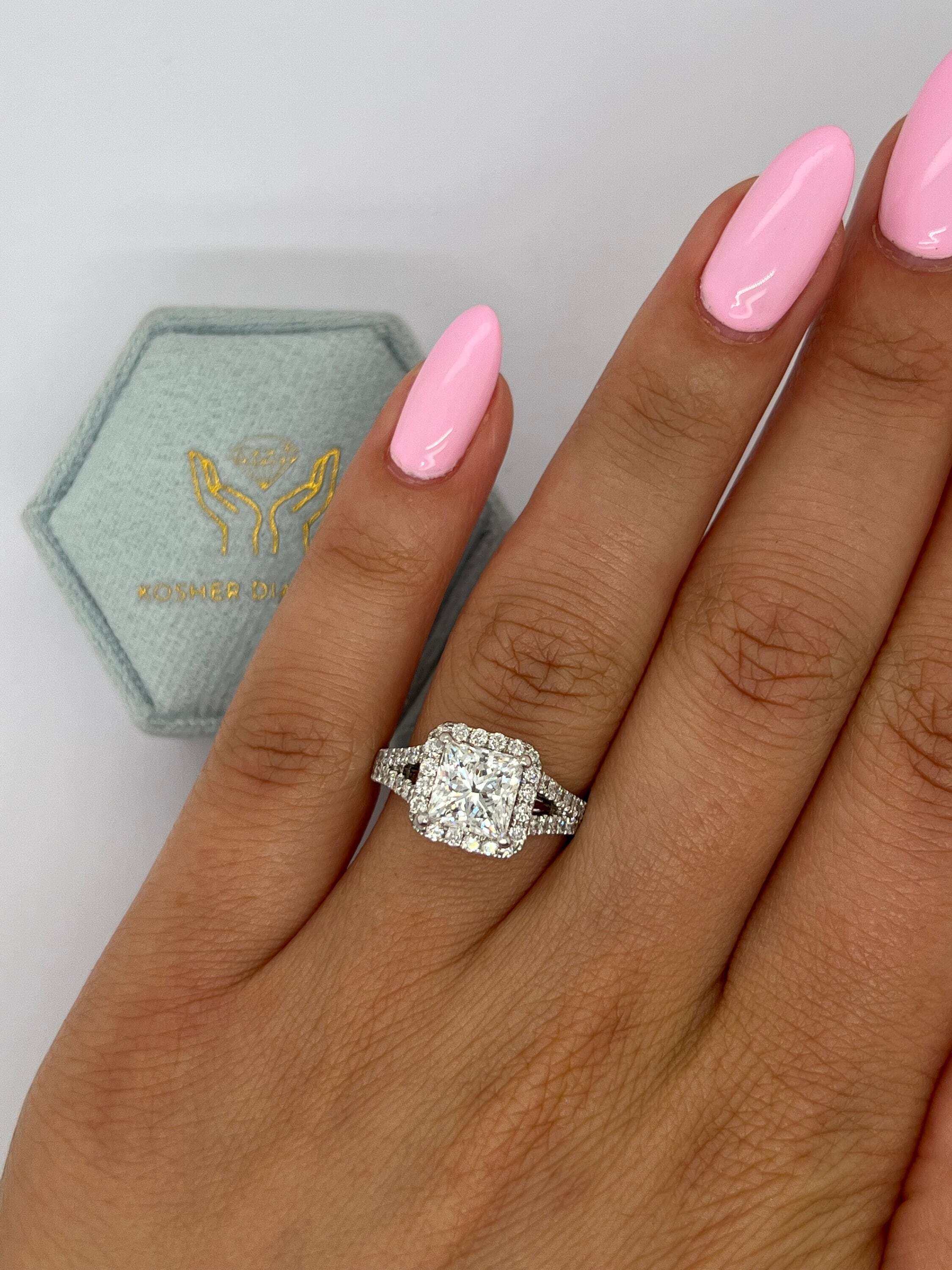 2.5 Carat Princess Cut Diamond Halo Split Shank Engagement Ring, Round Side Diamonds