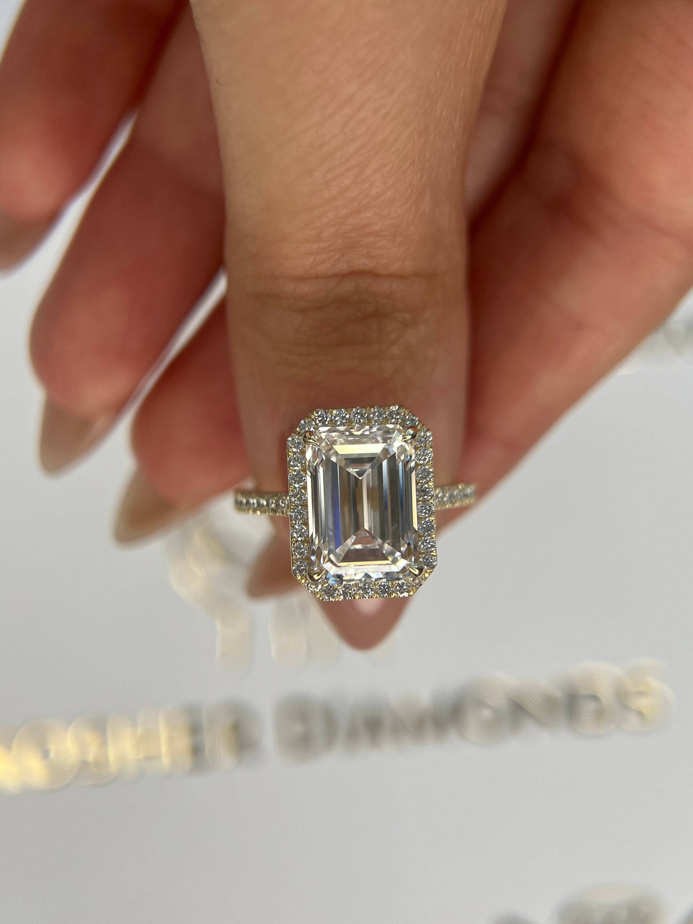 6.5 Carat Emerald Cut Diamond Halo Engagement Ring, Side Round Diamonds