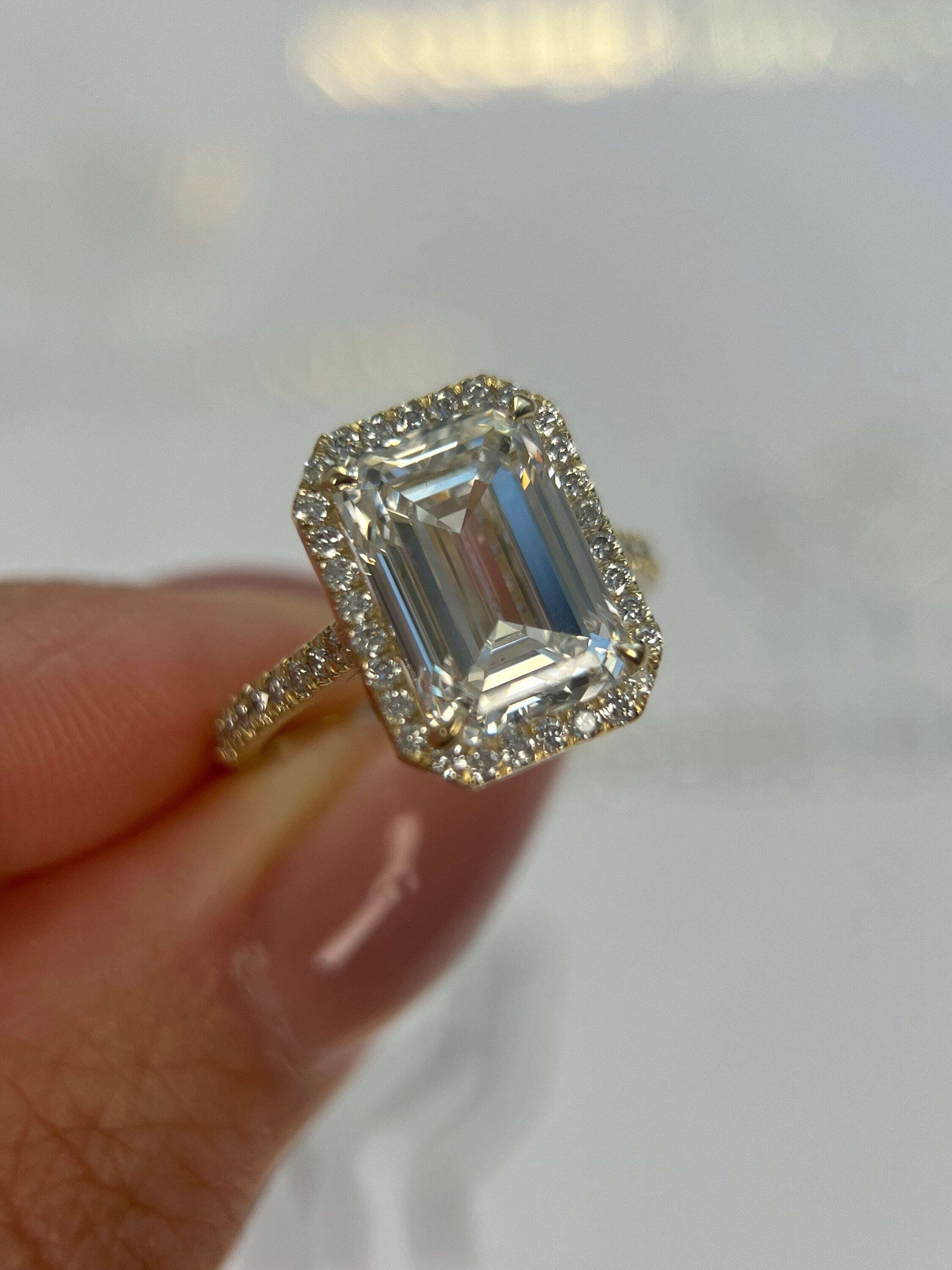 6.5 Carat Emerald Cut Diamond Halo Engagement Ring, Side Round Diamonds