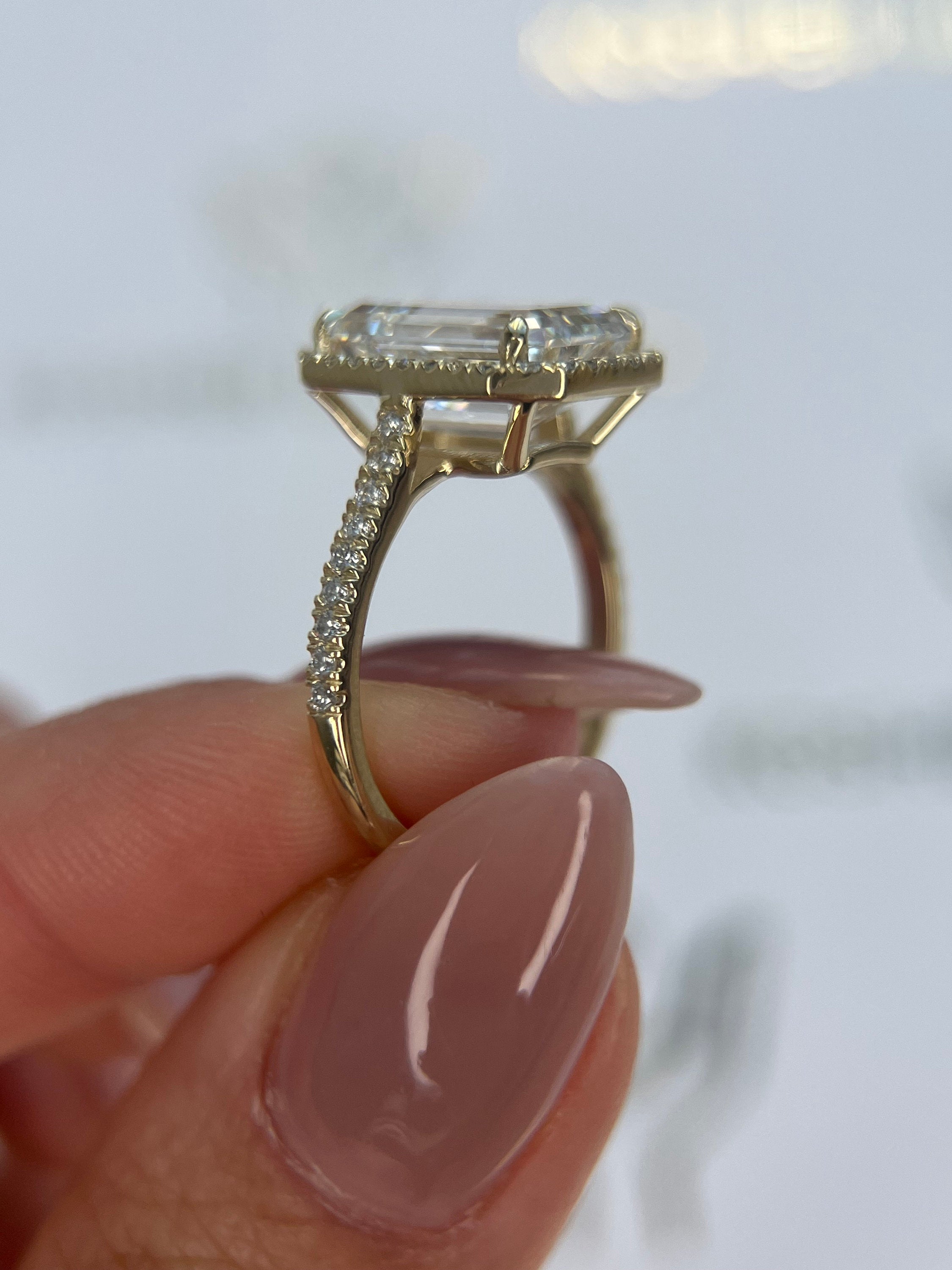6.5 Carat Emerald Cut Diamond Halo Engagement Ring, Side Round Diamonds