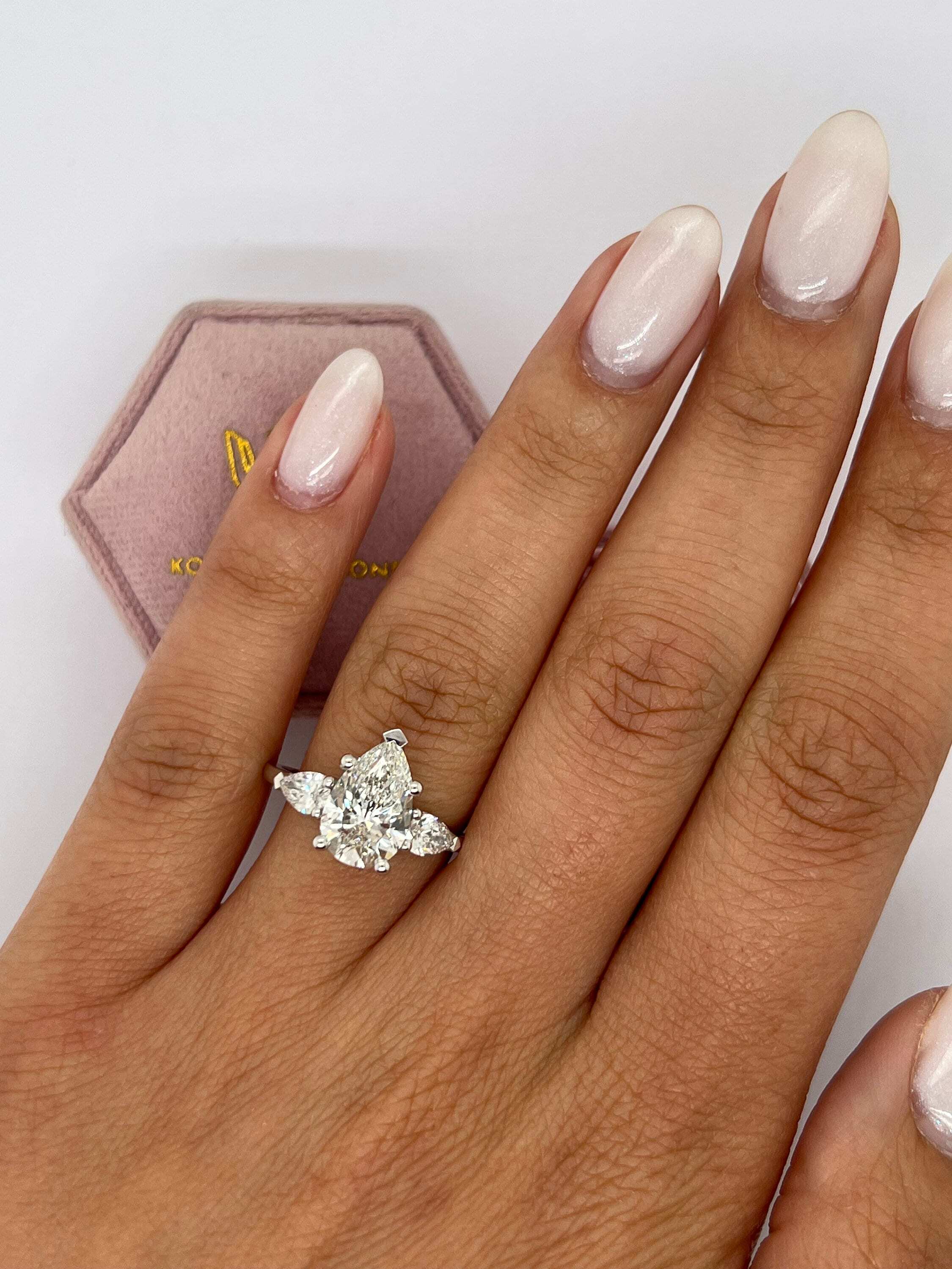 2.5 Carat Total Three Stone Pear Cut Diamond Engagement Ring