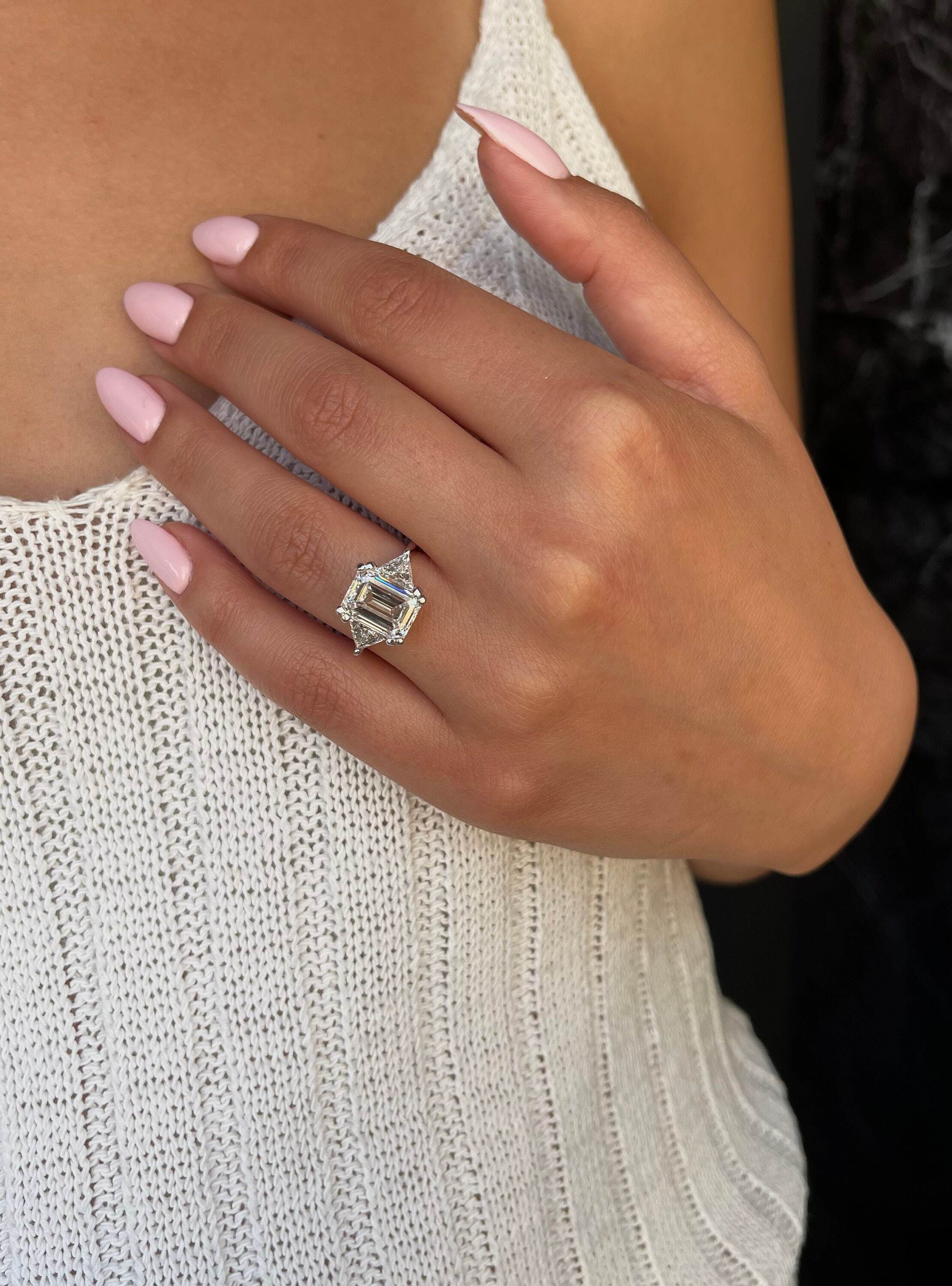 6 Carat Three Stone Emerald Cut Diamond Engagement Ring, Side Trillion Cut Diamonds