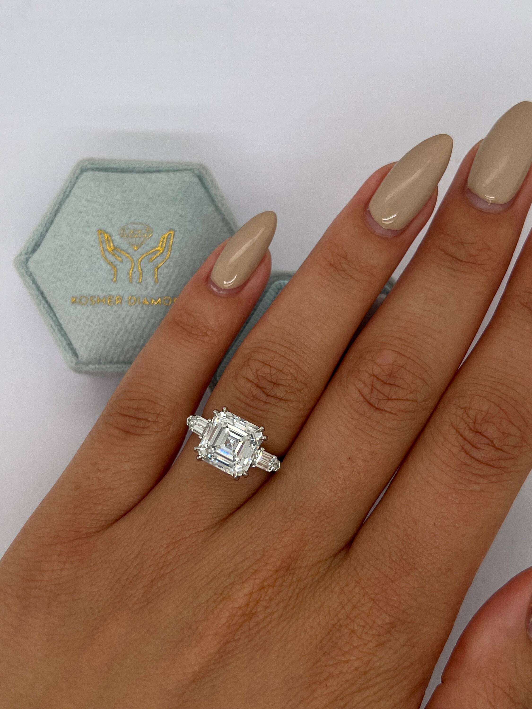 Special Design 4.5 Carat Asscher Cut Three Stone Diamond Engagement Ring, Side Bullet Cut Diamonds