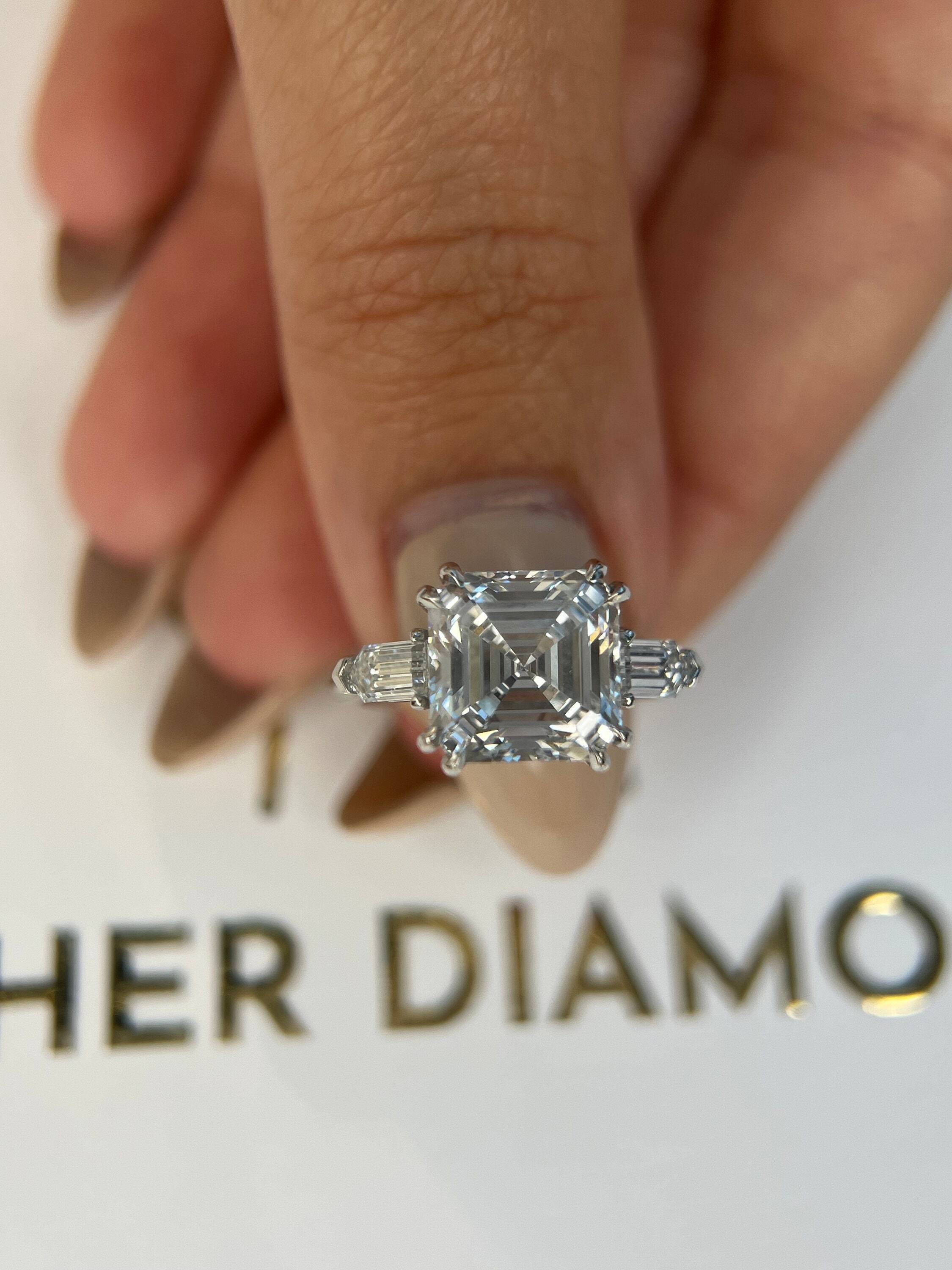 Special Design 4.5 Carat Asscher Cut Three Stone Diamond Engagement Ring, Side Bullet Cut Diamonds