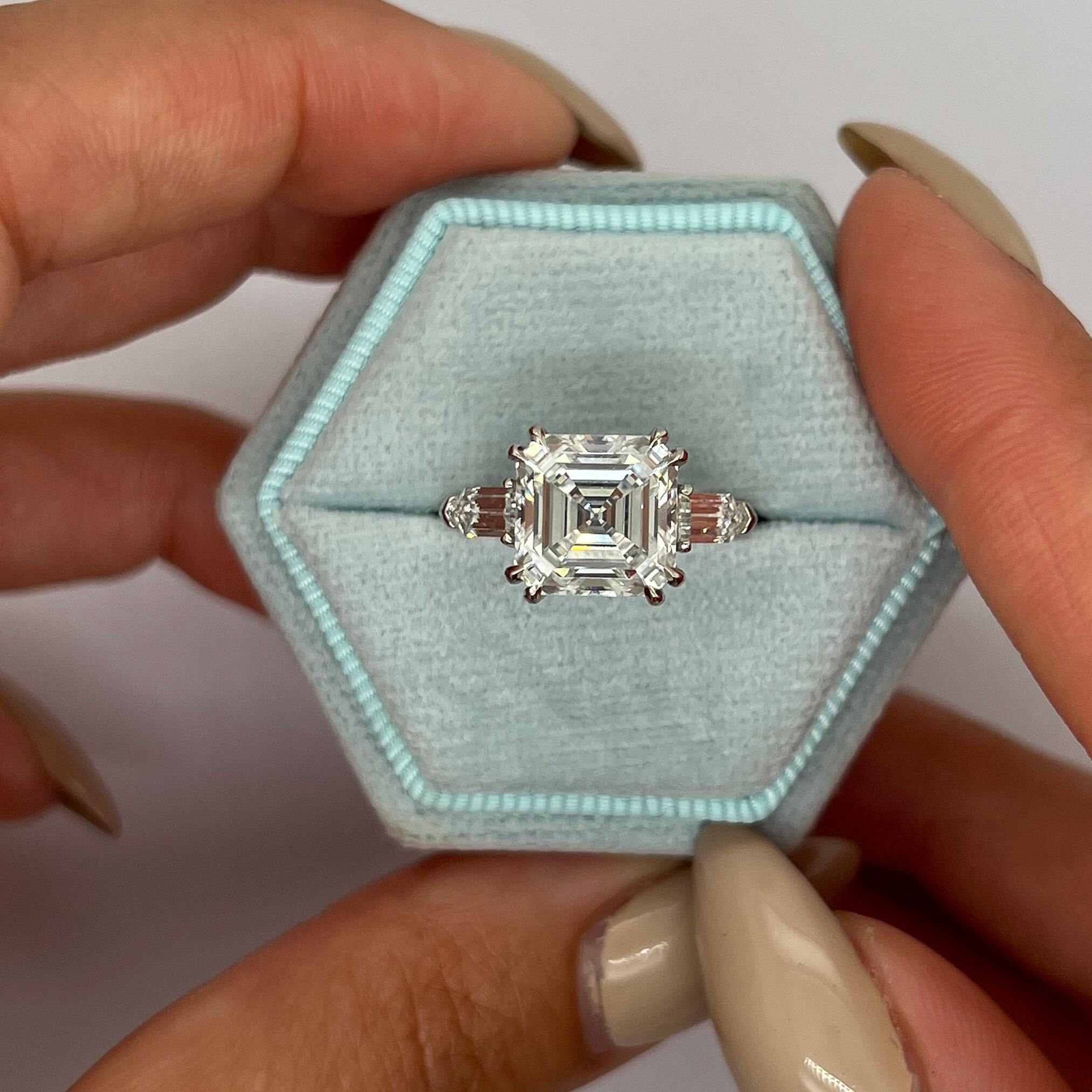 Special Design 4.5 Carat Asscher Cut Three Stone Diamond Engagement Ring, Side Bullet Cut Diamonds