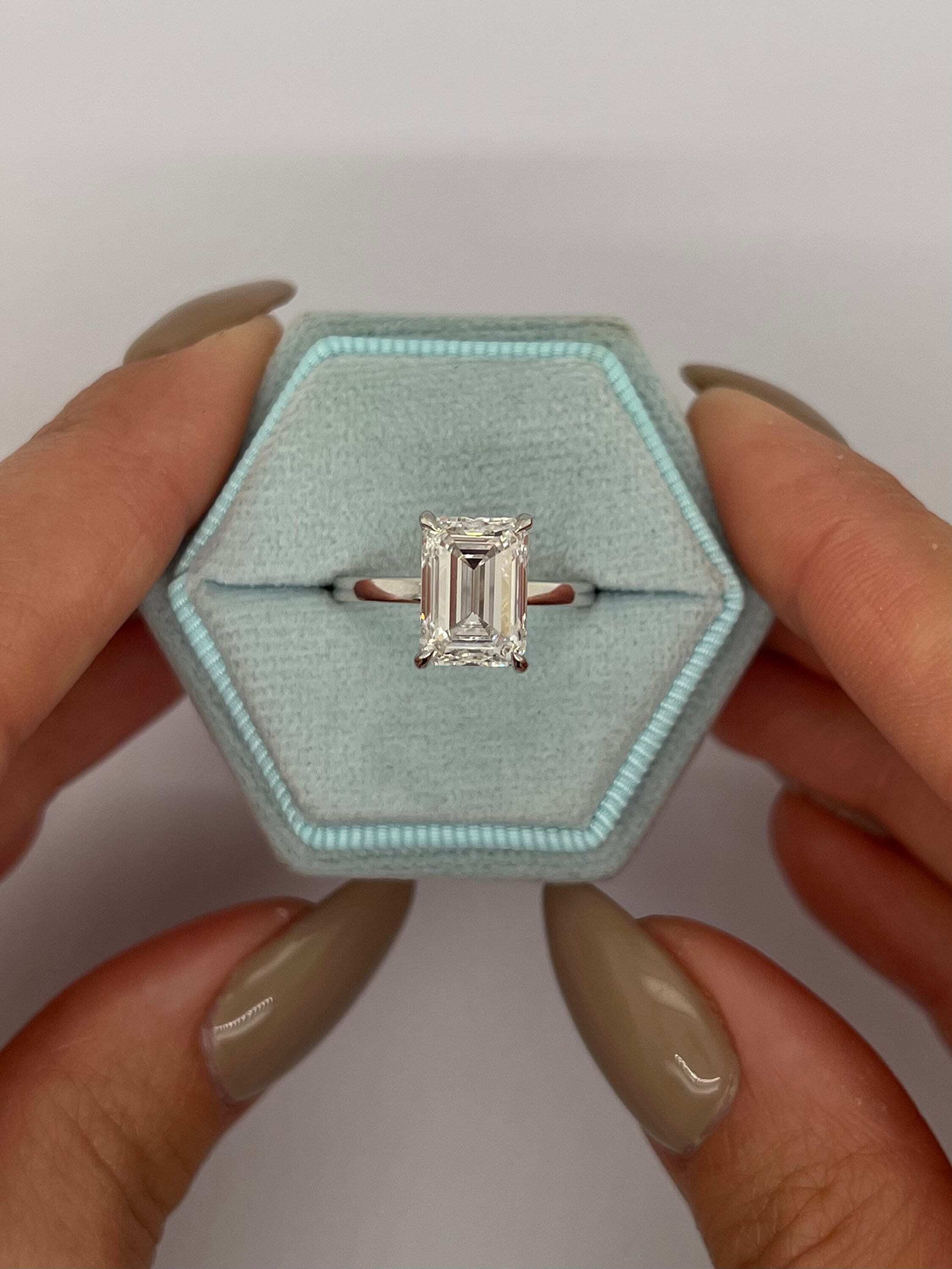 3.1 Carat Emerald Cut Diamond Solitaire Hidden Halo Engagement Ring