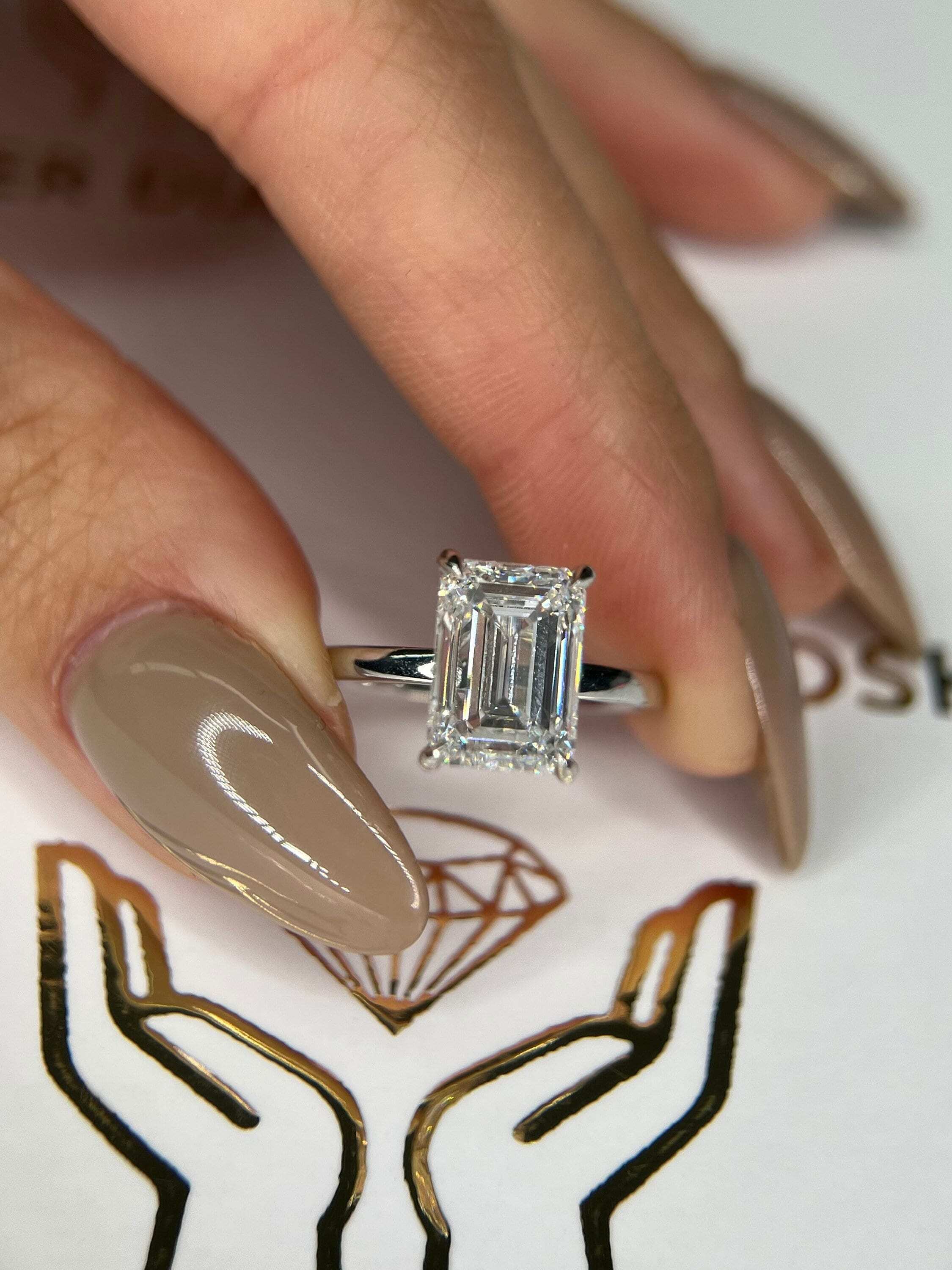 3.1 Carat Emerald Cut Diamond Solitaire Hidden Halo Engagement Ring
