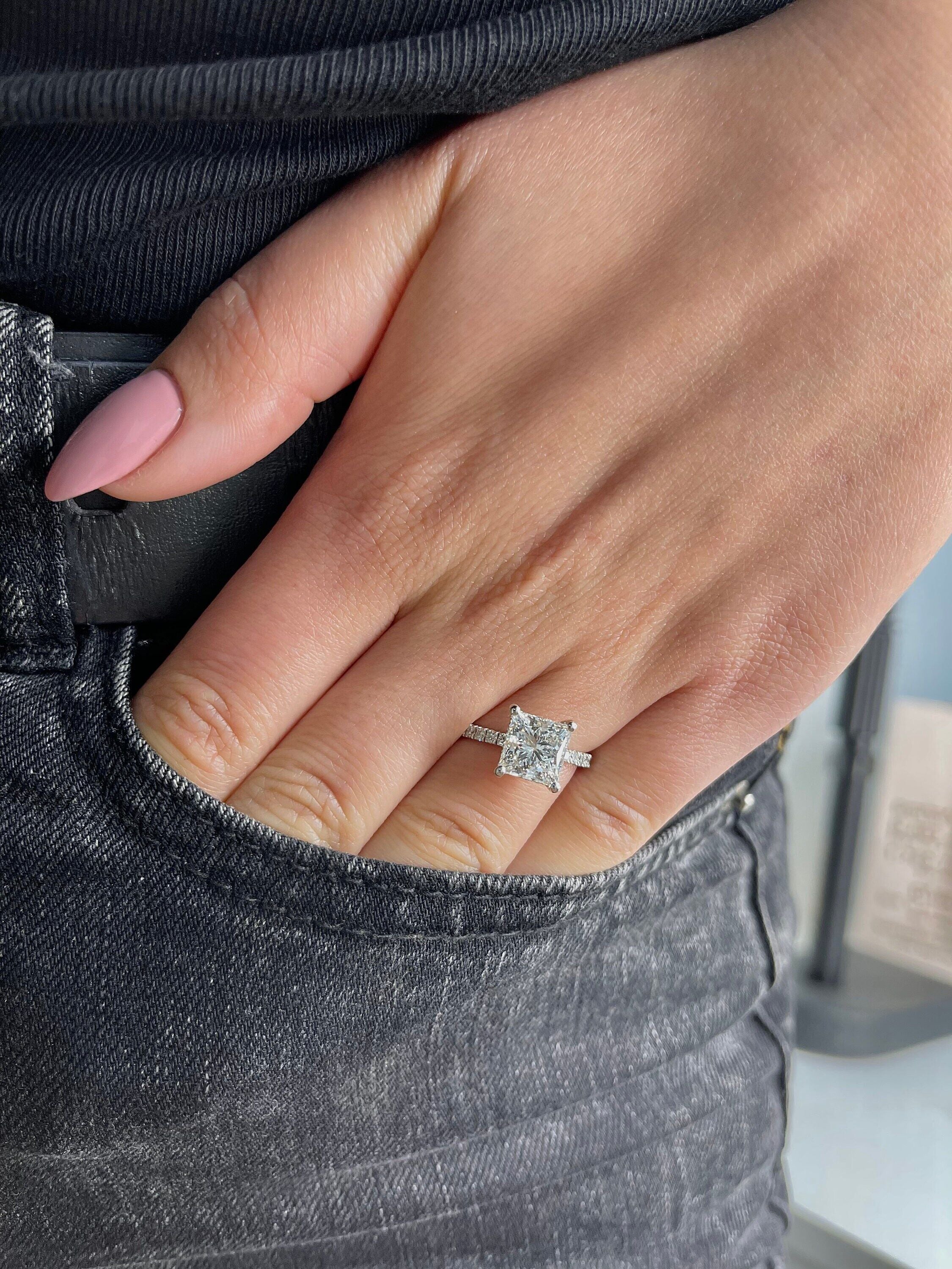 3.25 Carat Princess Cut Diamond Solitaire Hidden Halo Engagement Ring