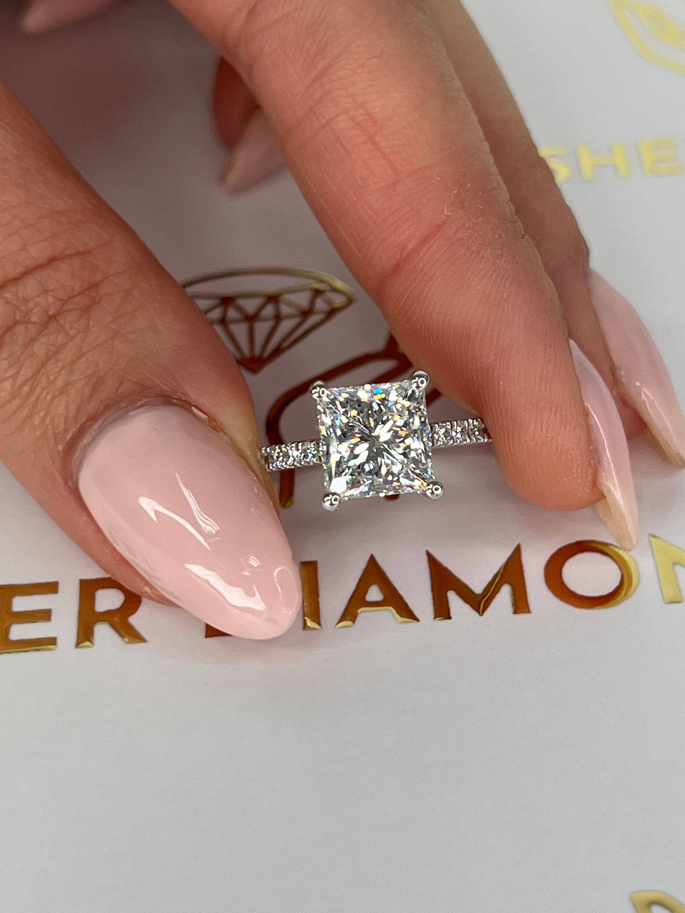3.25 Carat Princess Cut Diamond Solitaire Hidden Halo Engagement Ring