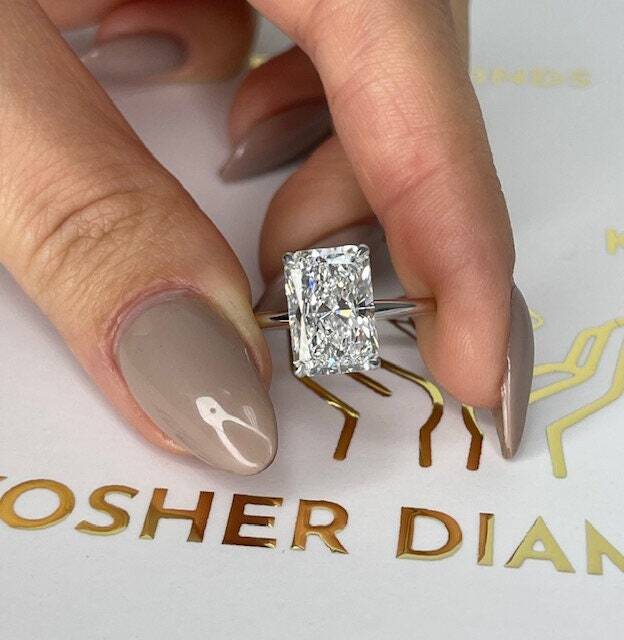 5 Carat Elongated Radiant Cut Diamond Solitaire Engagement Ring
