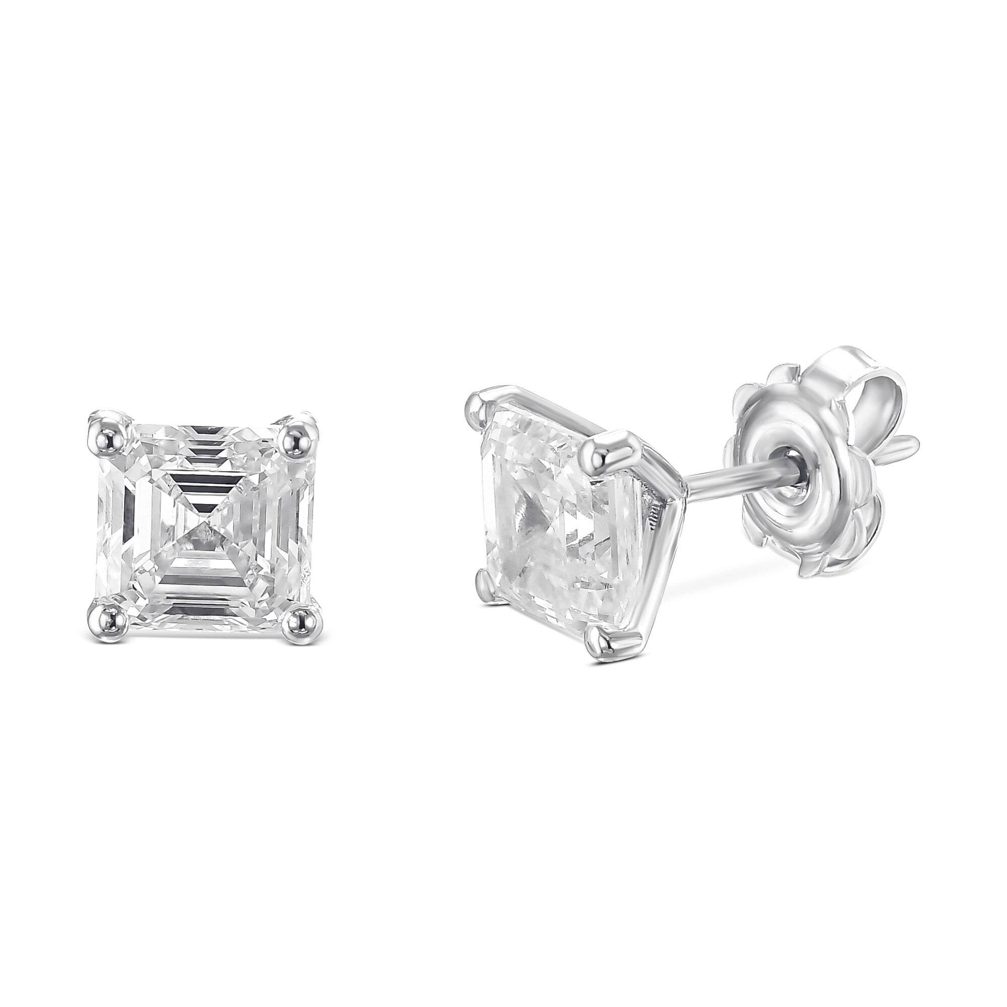 3 Carat Total Weight Asscher Cut Diamond Stud Earrings, Pushback Posts, Perfect Match