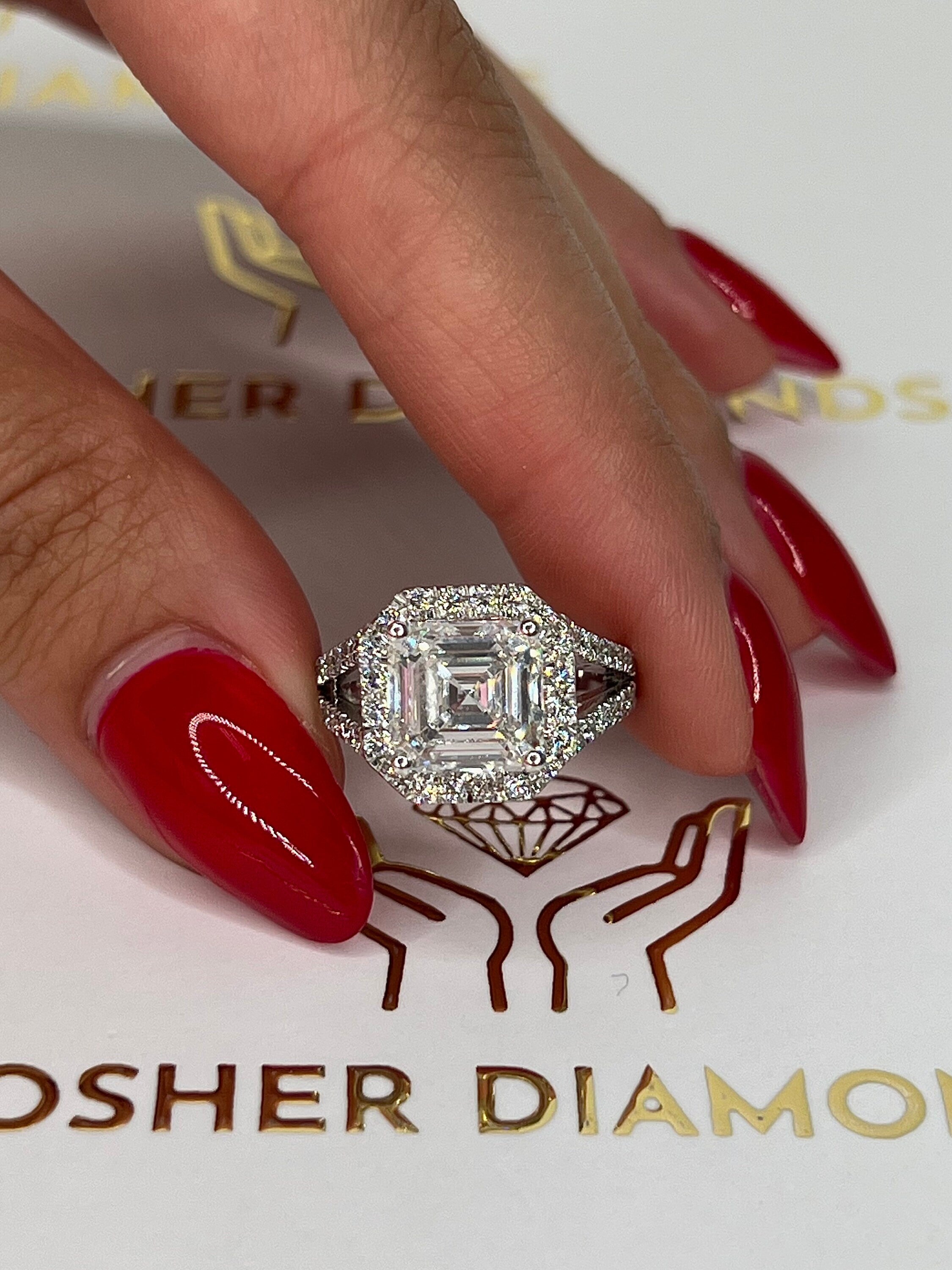 4.5 Carat Asscher Cut, Halo Split Shank Diamond Engagement Ring