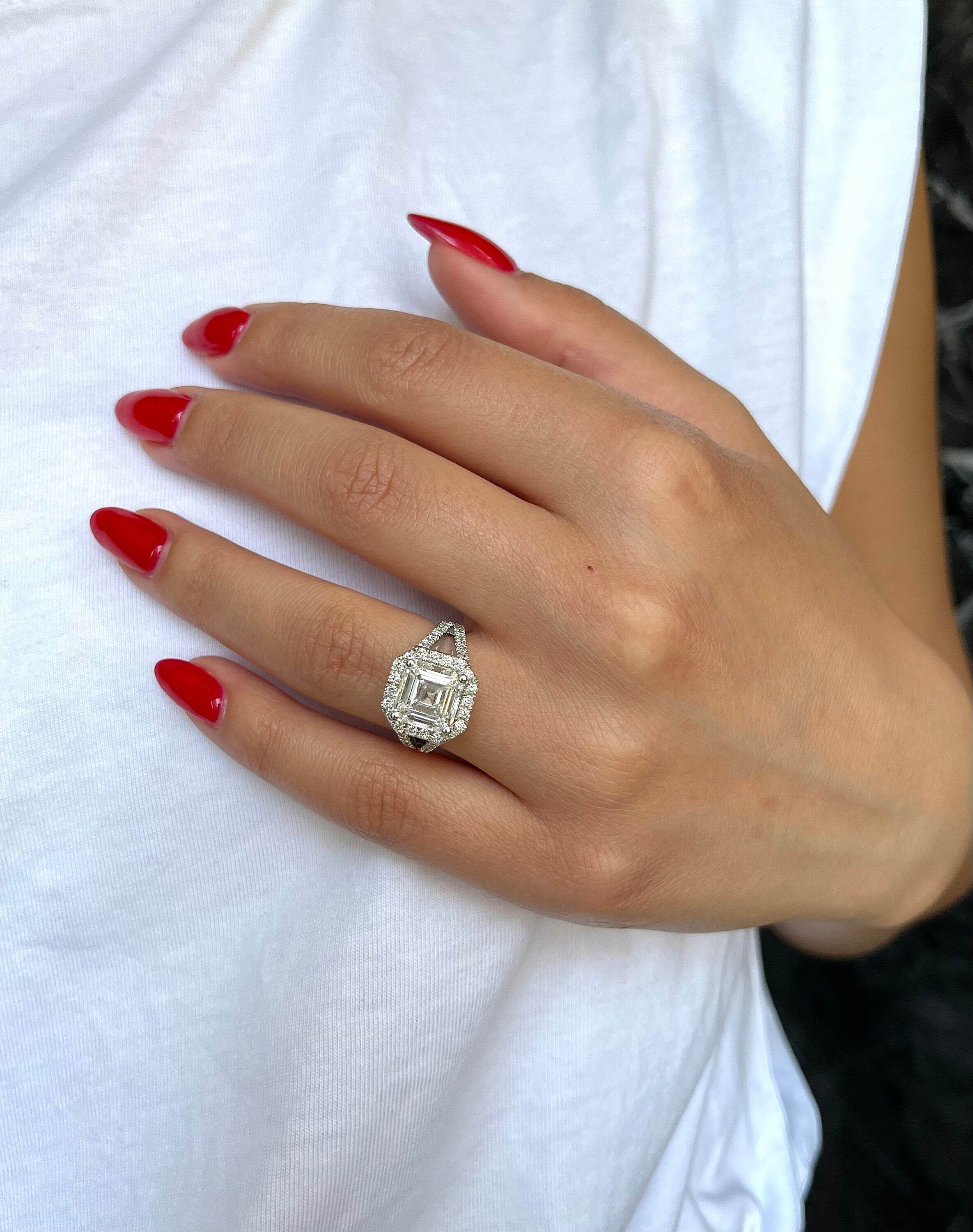 4.5 Carat Asscher Cut, Halo Split Shank Diamond Engagement Ring