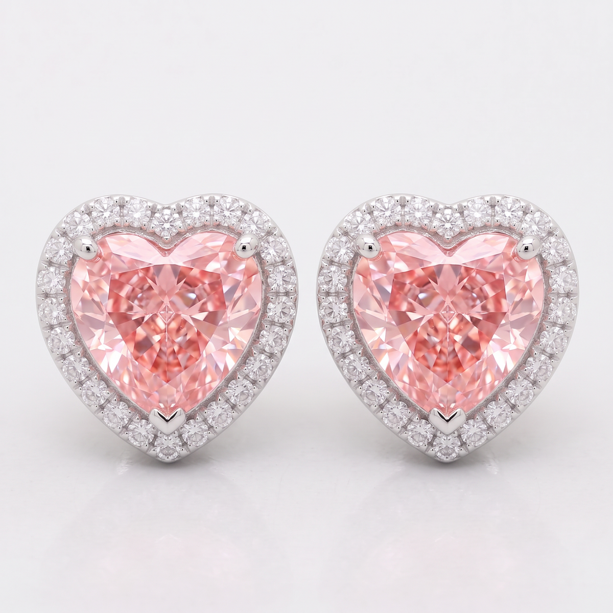 4.30 Carat Total Vivid Pink Heart Cut Diamond Halo Earrings