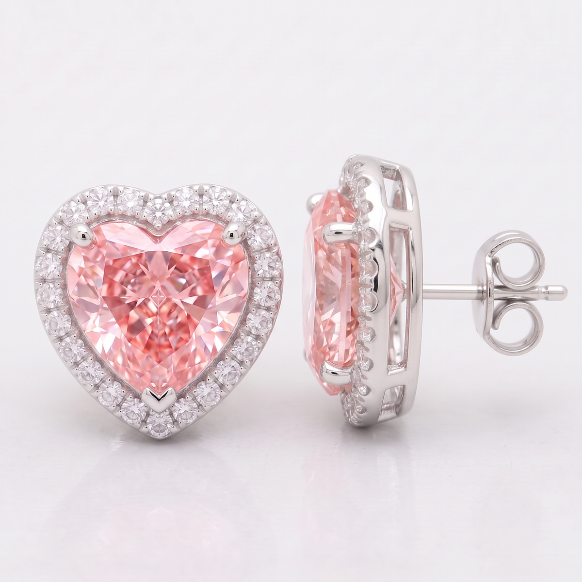 4.30 Carat Total Vivid Pink Heart Cut Diamond Halo Earrings