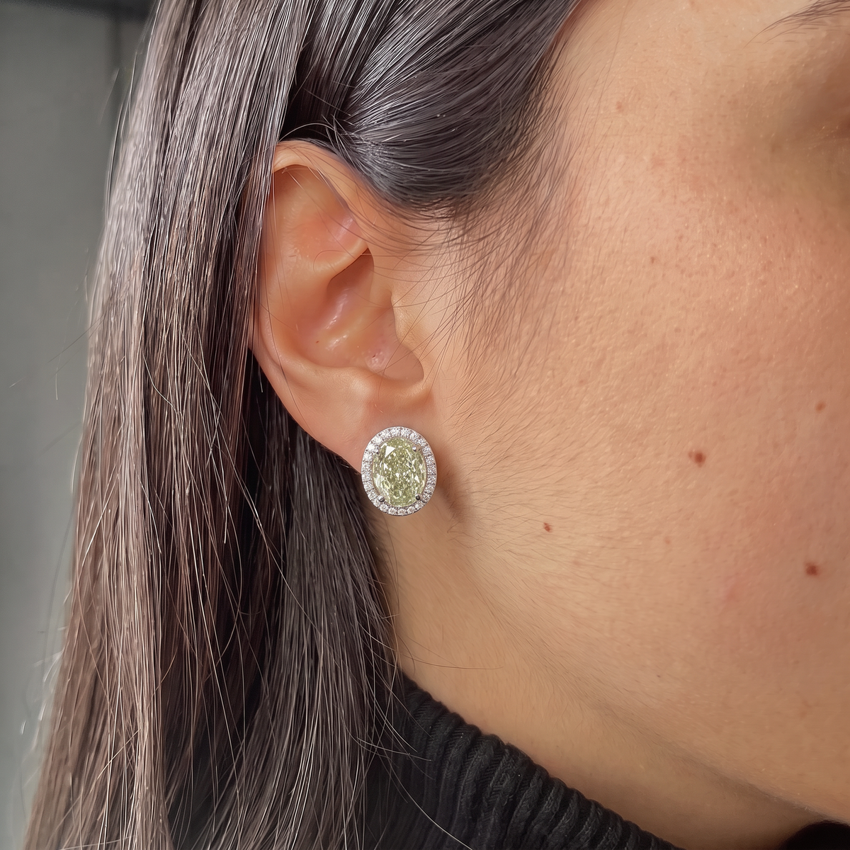 4.30 Carat Total Fancy Green Oval Diamond Halo Earrings