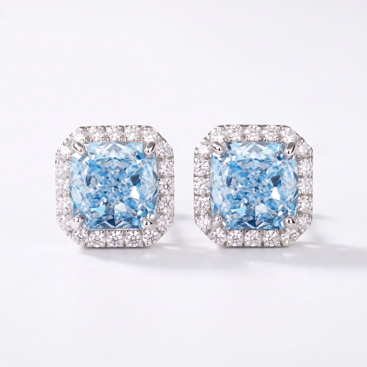 4.30 Carat Total Vivid Blue Square Cushion Diamond Halo Earrings