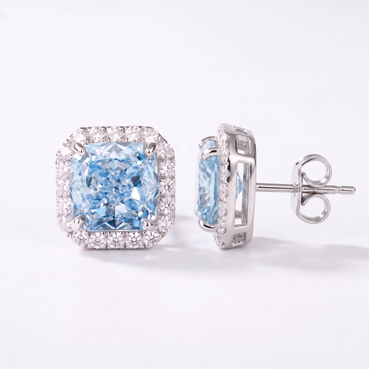 4.30 Carat Total Vivid Blue Square Cushion Diamond Halo Earrings