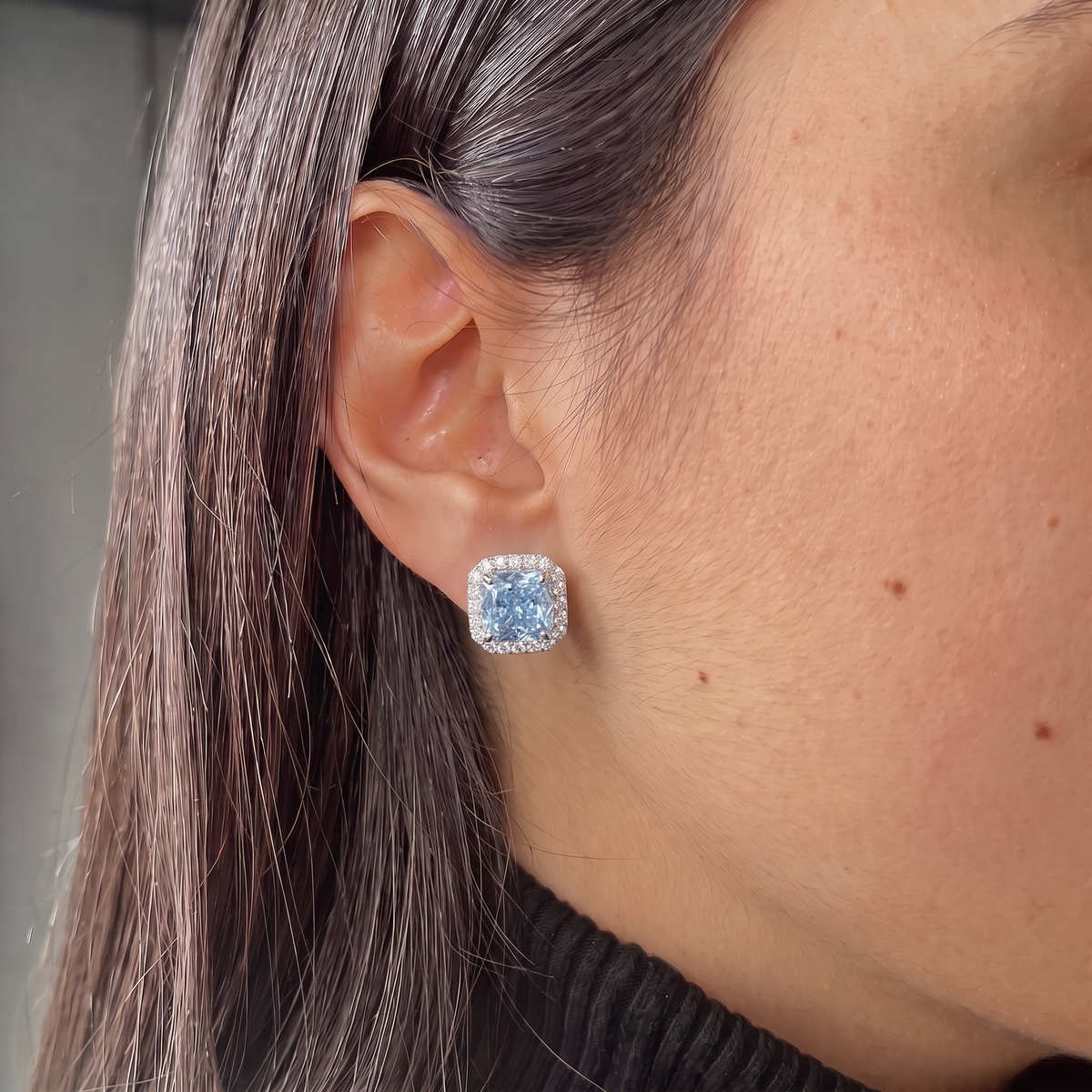 4.30 Carat Total Vivid Blue Square Cushion Diamond Halo Earrings