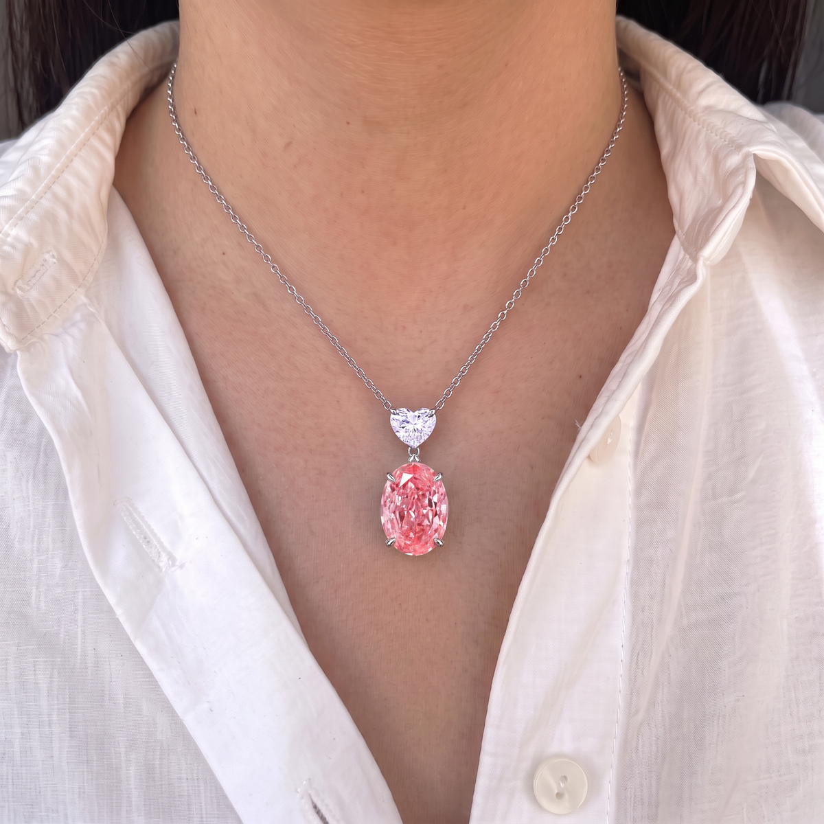 2.5 Carat Toi et Moi (You & Me) Fancy Vivid Pink Oval / D Color Heart Diamond Halo Pendant