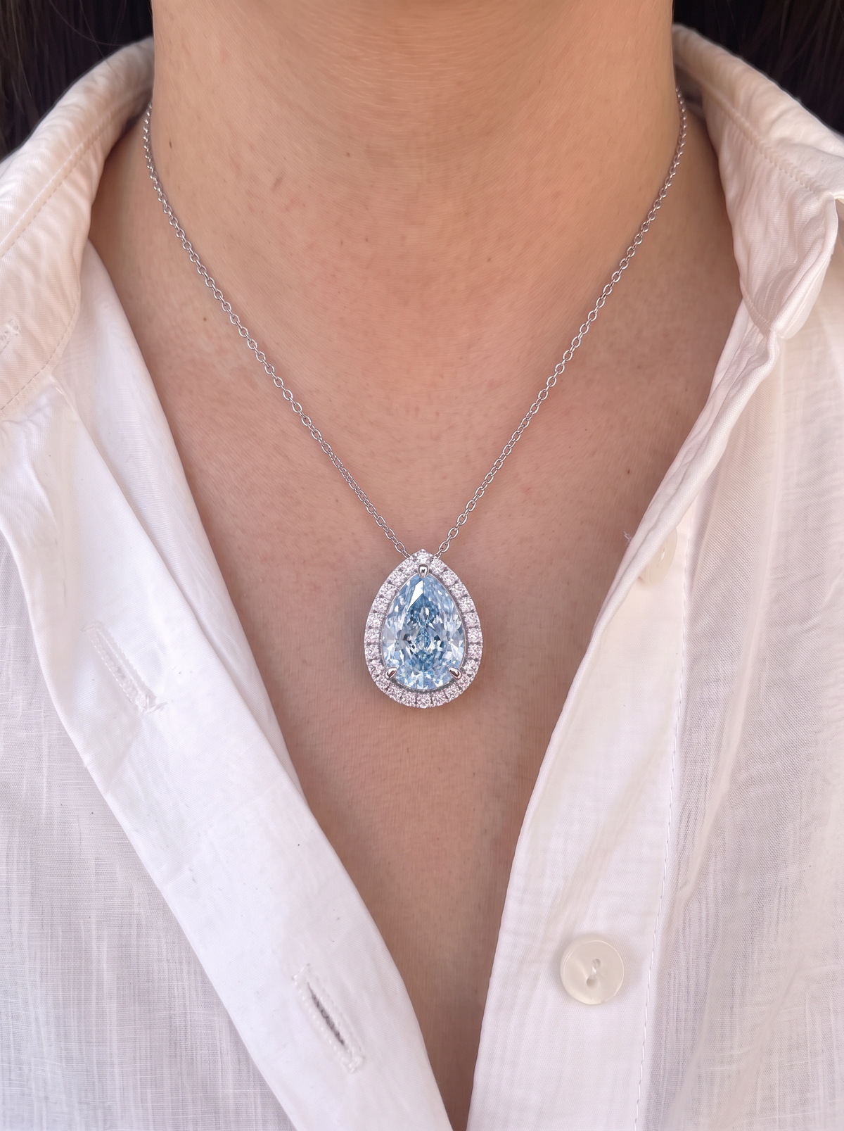 5.25 Carat Fancy Vivid Blue Pear Diamond Halo Pendant