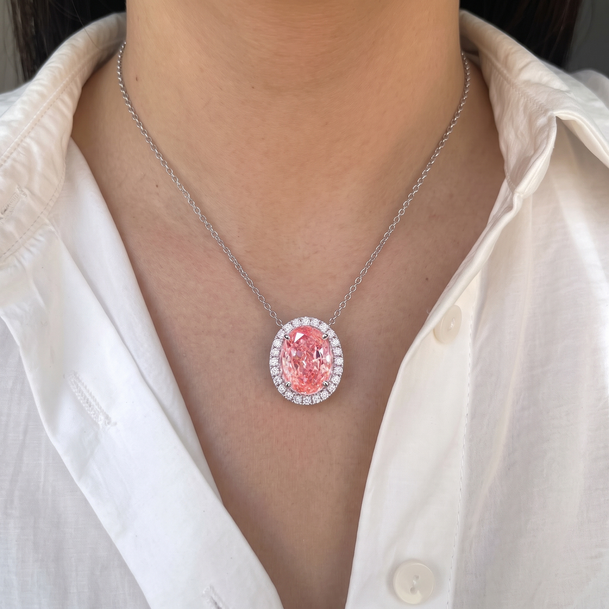 5.20 Carat Fancy Vivid Pink Color Oval Cut Diamond Halo Pendant