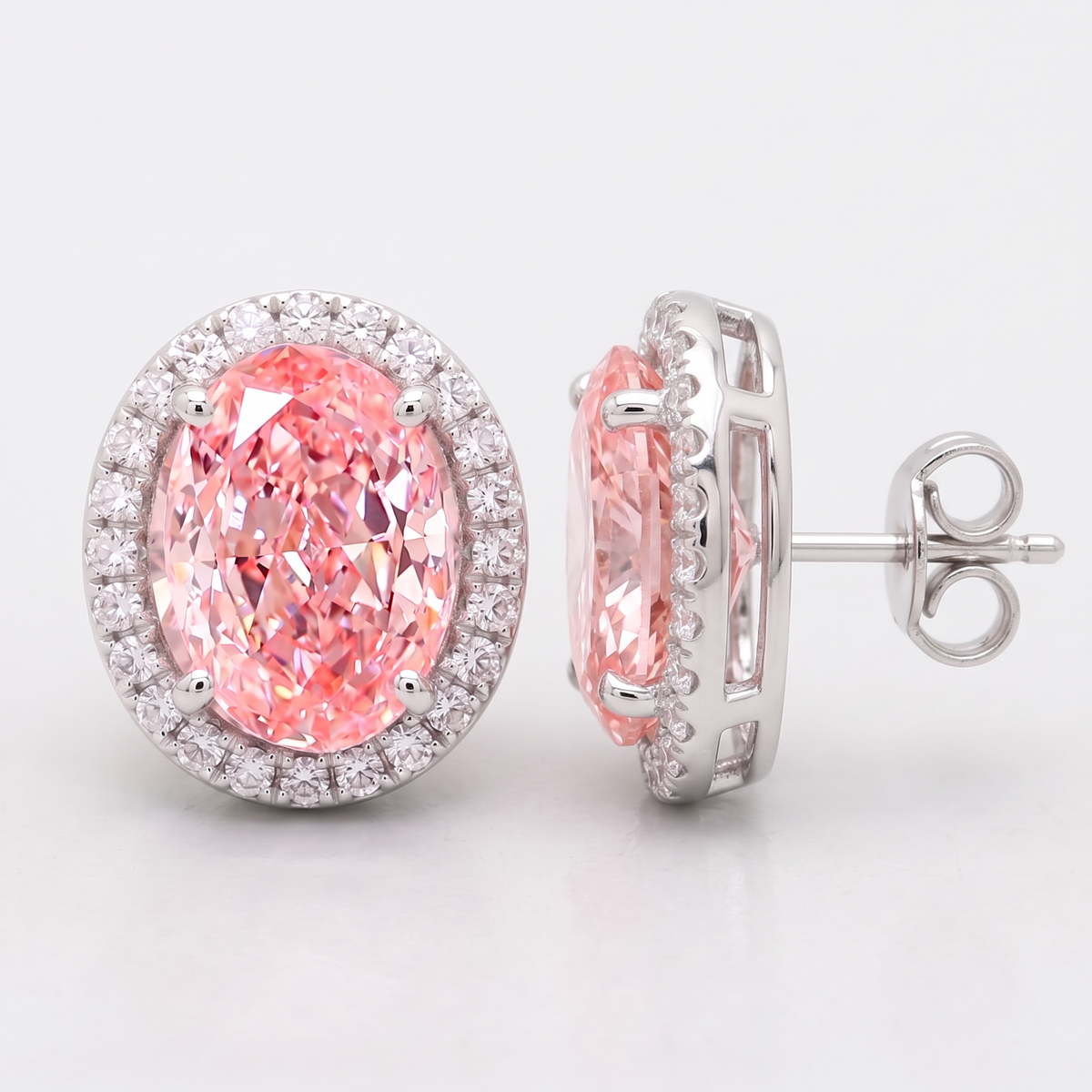 4.30 Carat Total Vivid Pink Oval Cut Diamond Halo Earrings