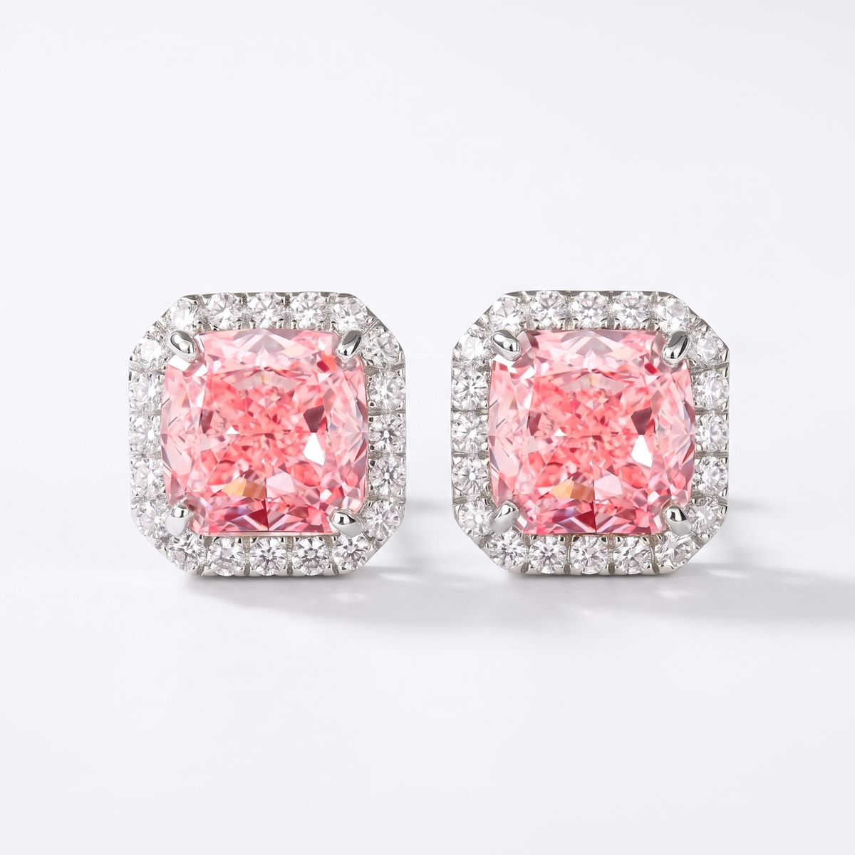 4.30 Carat Total Vivid Pink Square Cushion Cut Diamond Halo Earrings