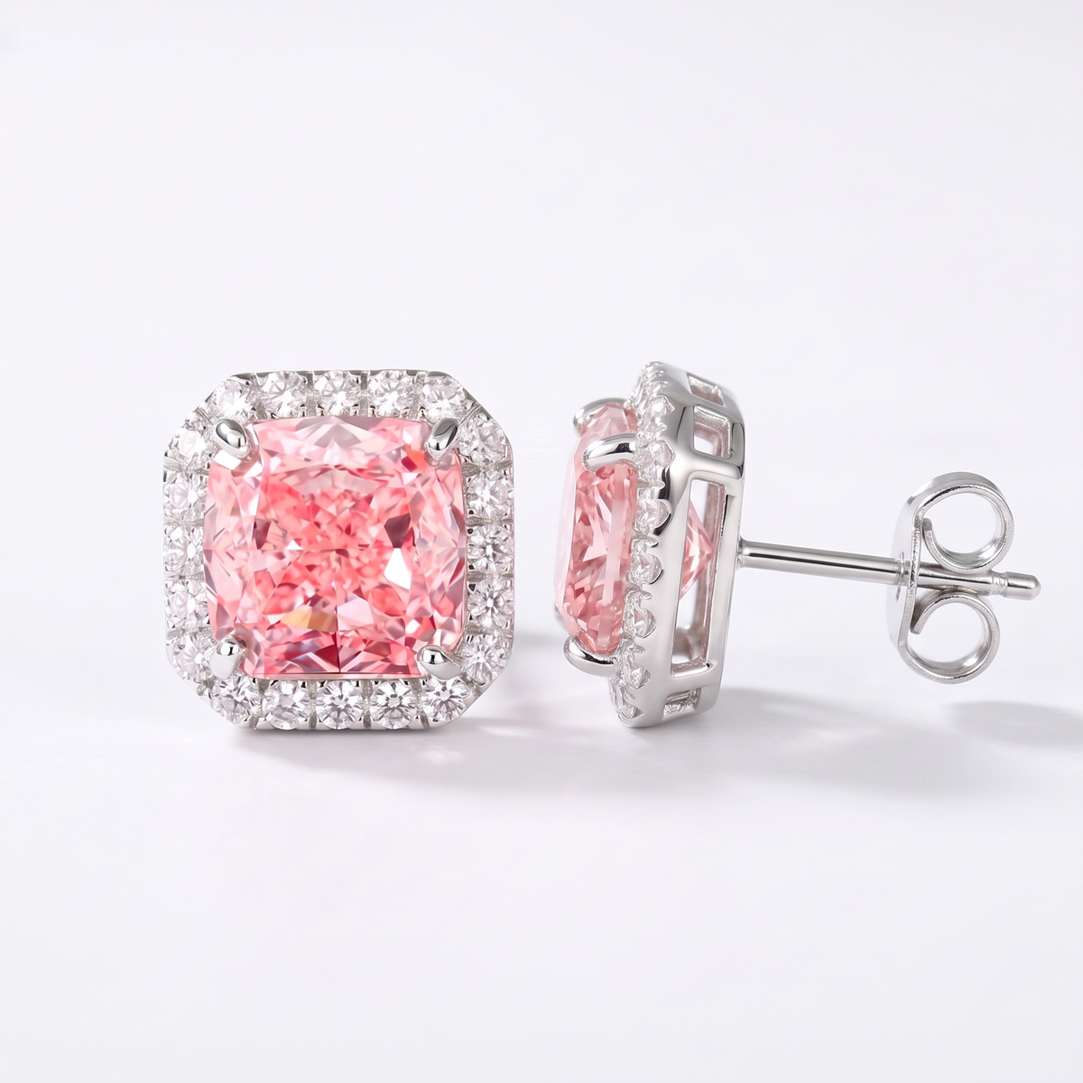 4.30 Carat Total Vivid Pink Square Cushion Cut Diamond Halo Earrings