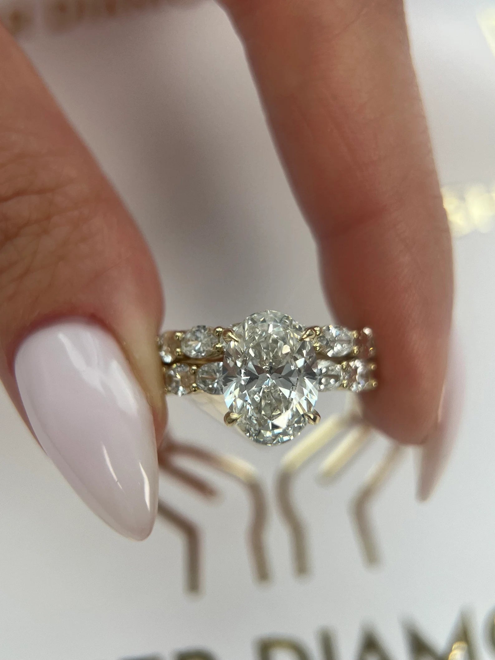 4.5 Carat E Color VVS2 Clarity Oval Diamond Hidden Halo Engagement Ring, Matching Band Set