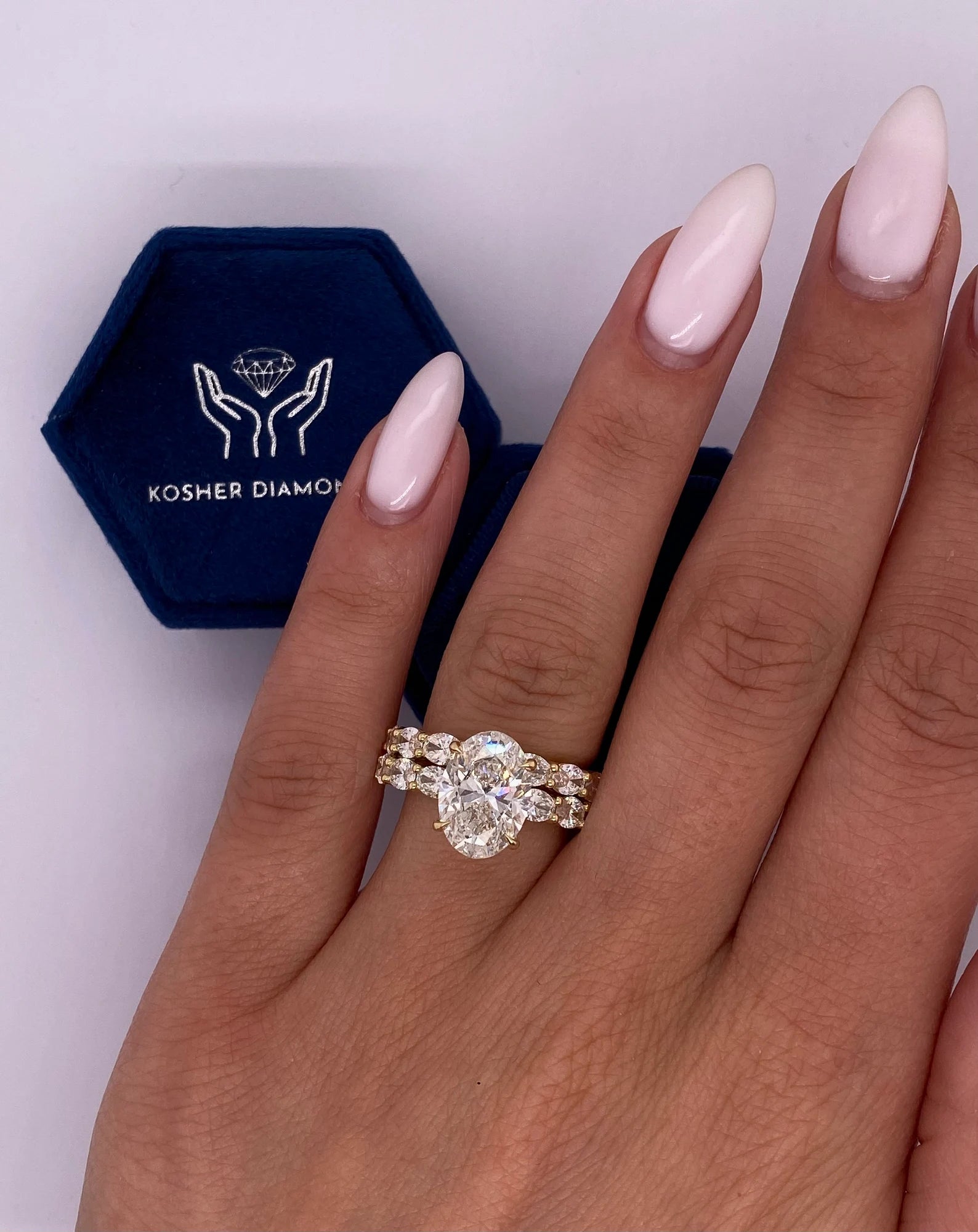 4.5 Carat E Color VVS2 Clarity Oval Diamond Hidden Halo Engagement Ring, Matching Band Set