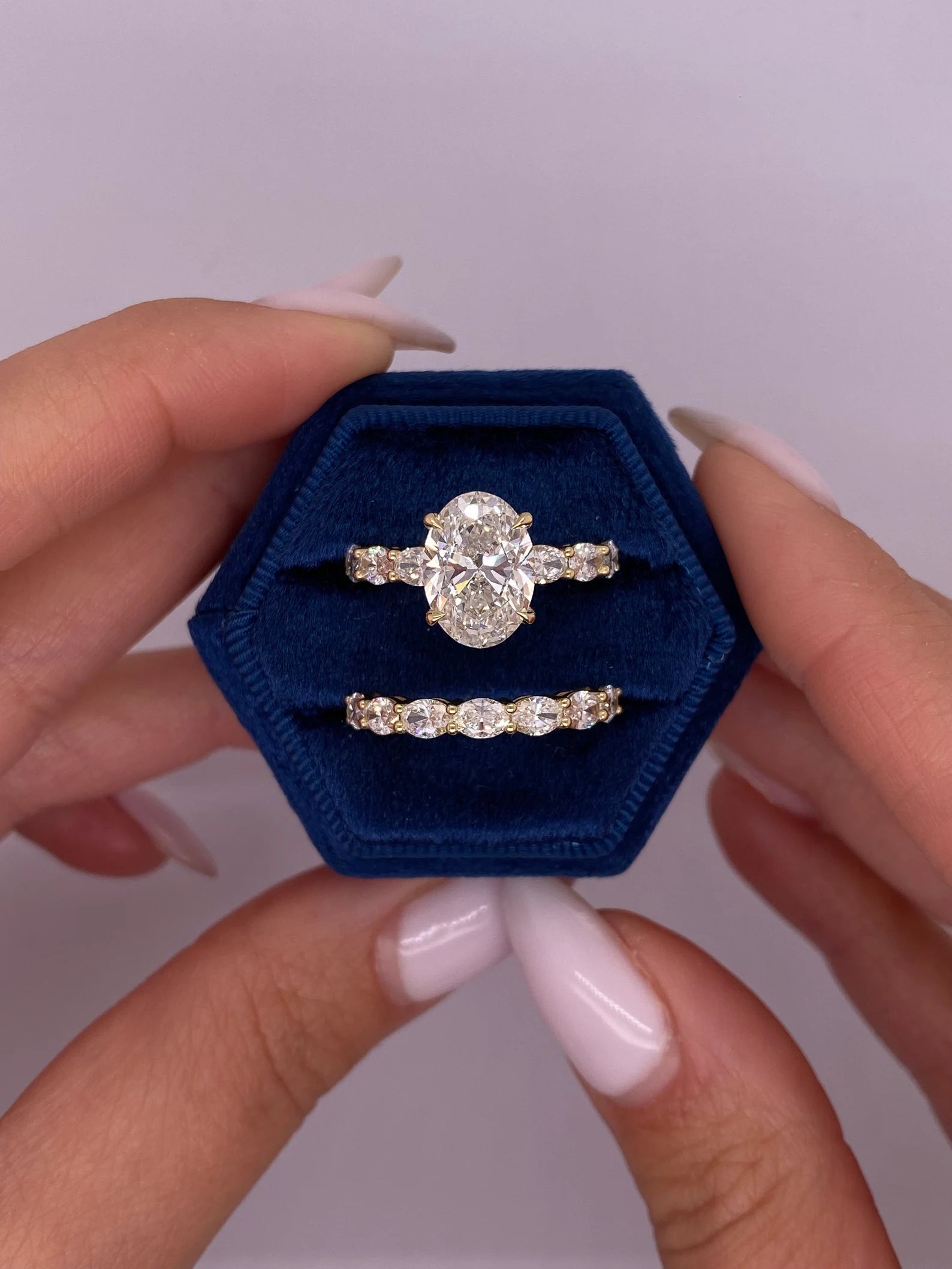 4.5 Carat E Color VVS2 Clarity Oval Diamond Hidden Halo Engagement Ring, Matching Band Set