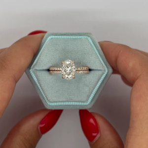 2.5 Carat E/VVS2 IGI CERTIFIED Oval Cut Lab Diamond Solitaire Hidden Halo Engagement Ring Set with Matching Round Diamond Band 14k Rose Gold