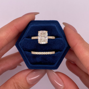 2.5 carat E/VVS2 Elongated Cushion Cut Lab Grown IGI Certified Diamond Hidden Halo Engagement Ring Set, Matching Round Diamond Band 14k Gold