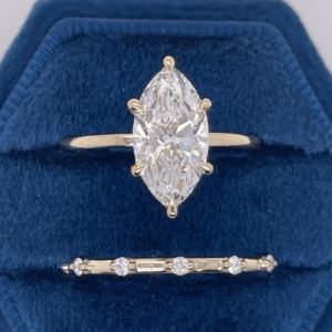 2.2 carat Total E/VVS2 IGI Certified Marquise Cut Lab Grown Diamond Solitaire Hidden Halo Engagement Ring Set Round Cut Dainty Diamond Band